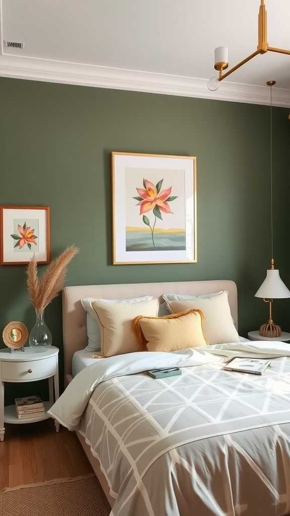 A cozy olive green bedroom featuring floral artwork and soft bedding.