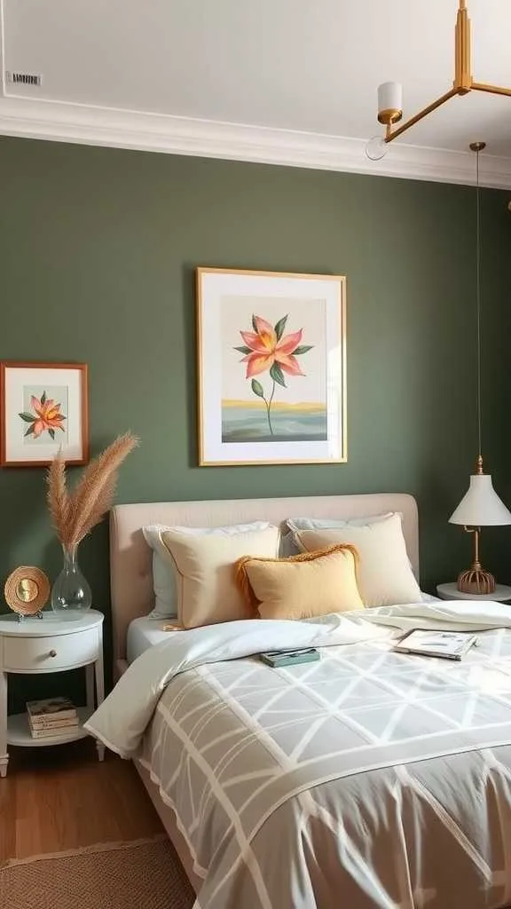 21 Stunning Olive Green Bedroom Ideas for a Cozy Retreat 9 A cozy olive green bedroom featuring floral artwork and soft bedding.