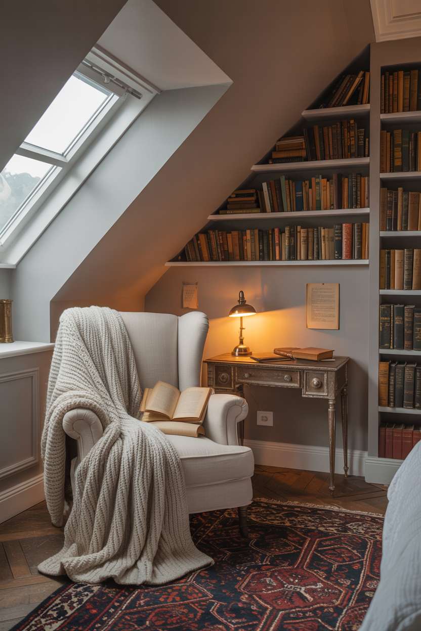 21 Stunning Attic Bedroom Ideas to Inspire You 1 Cozy attic bedroom with oversized armchair, built-in bookshelves, and warm morning light