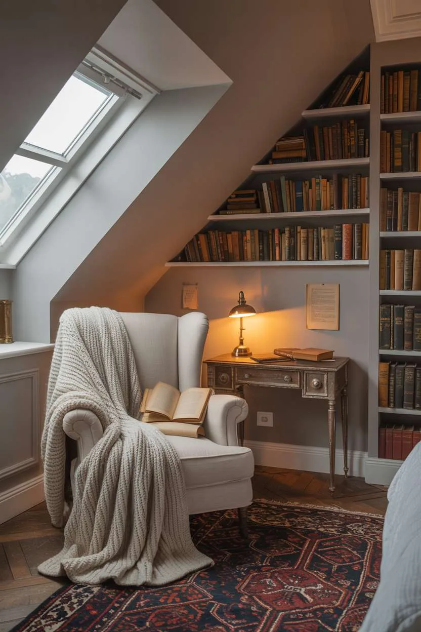 21 Stunning Attic Bedroom Ideas to Inspire You 1 Cozy attic bedroom with oversized armchair, built-in bookshelves, and warm morning light