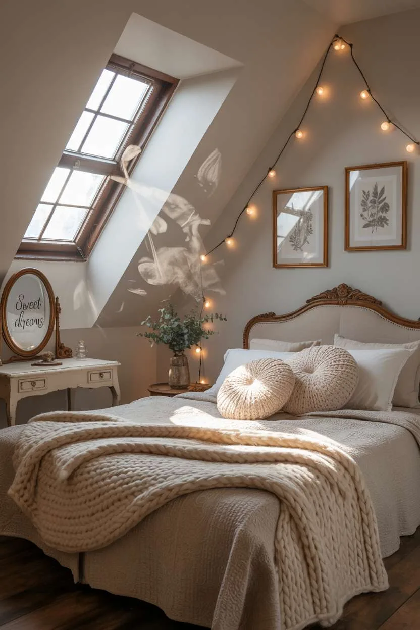 21 Stunning Attic Bedroom Ideas to Inspire You 2 Attic bedroom with queen bed, vintage vanity, and fairy lights creating warm ambiance