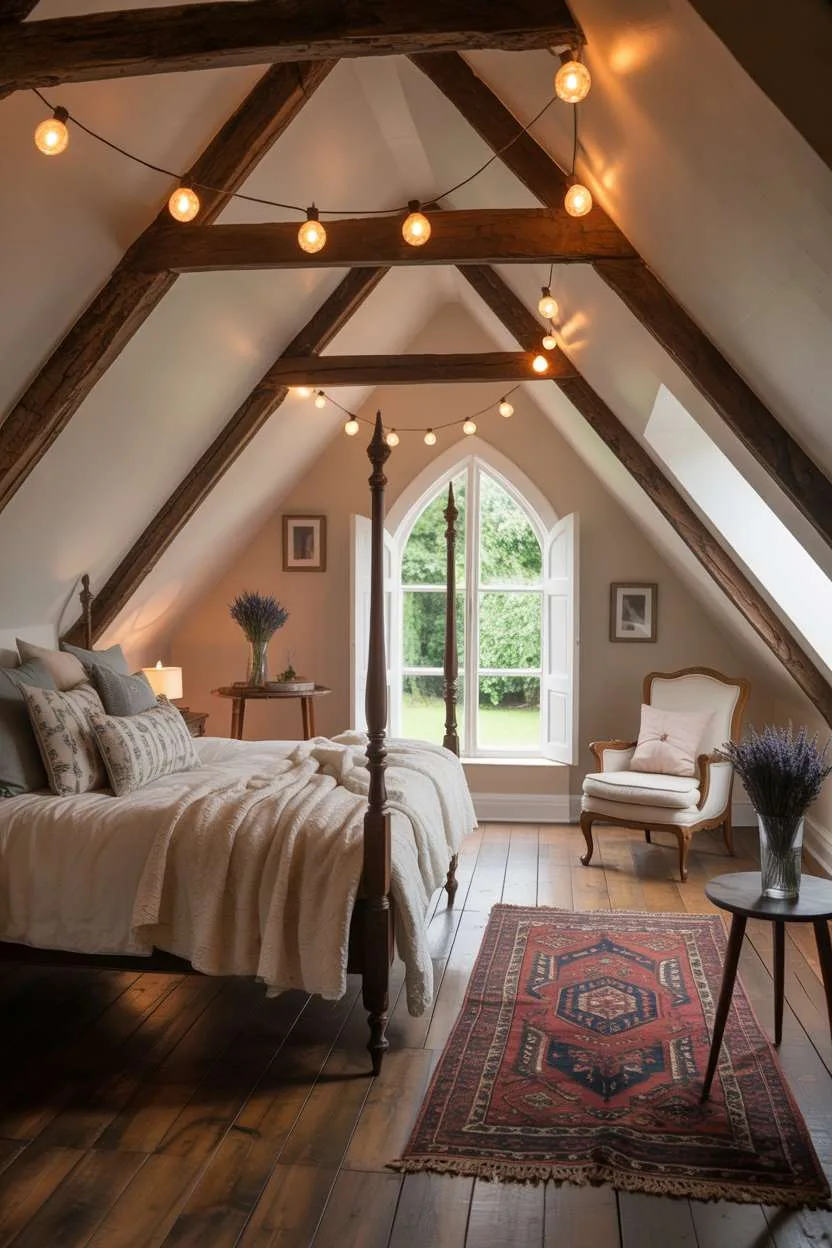 21 Stunning Attic Bedroom Ideas to Inspire You 3 Charming attic bedroom featuring vintage four-poster bed with white duvet and patterned pillows