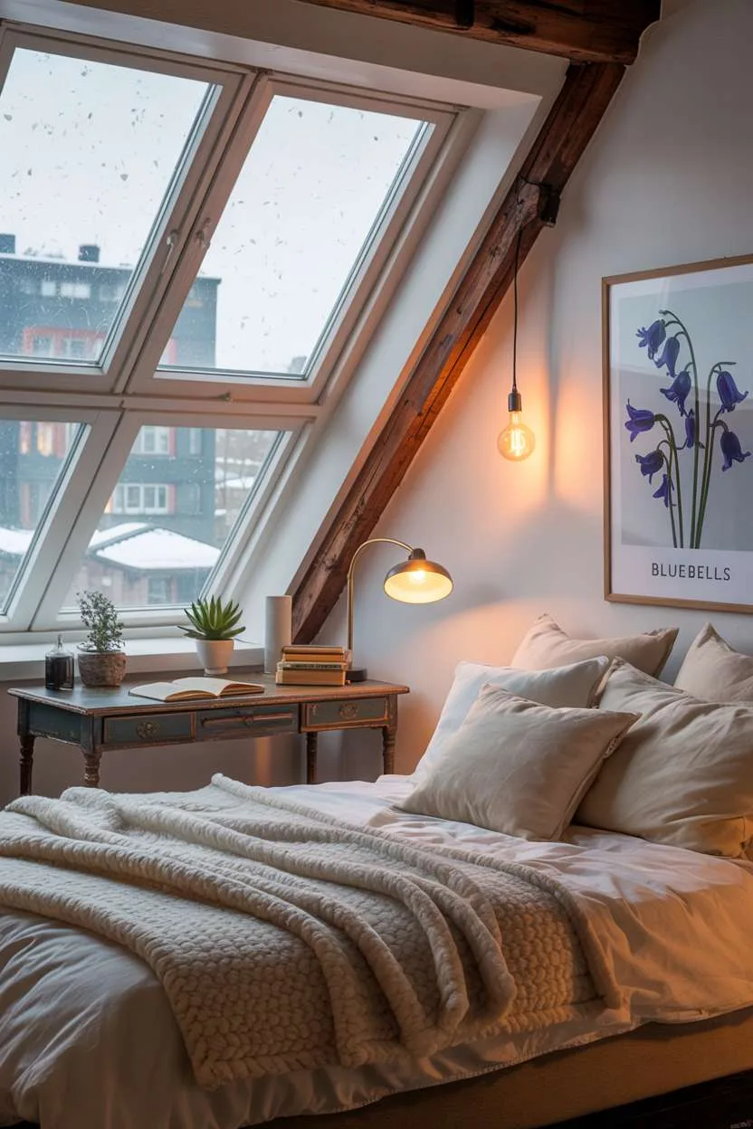 21 Stunning Attic Bedroom Ideas to Inspire You 4 Cozy attic bedroom with Scandinavian design, large window overlooking snowy cityscape