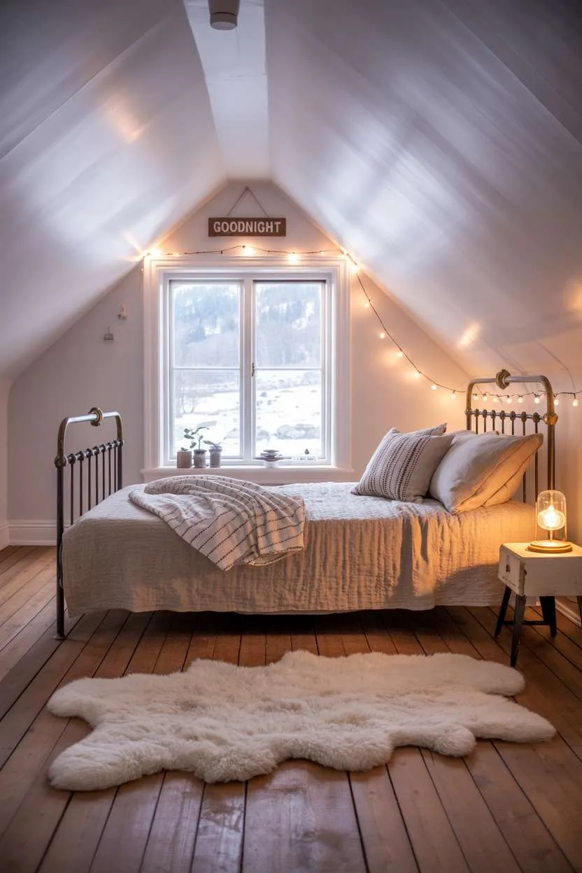 21 Stunning Attic Bedroom Ideas to Inspire You 5 Small attic bedroom with white sheepskin rug, wrought-iron bed, and snowy landscape view