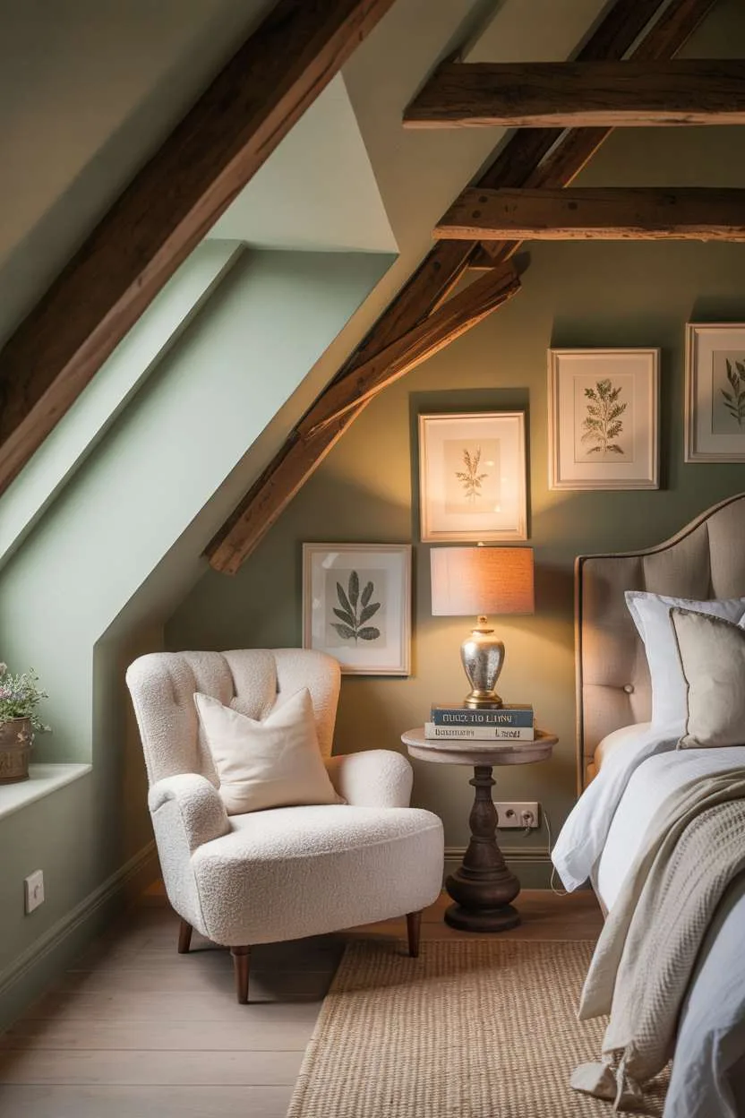 21 Stunning Attic Bedroom Ideas to Inspire You 6 Quaint attic bedroom with sage green walls, botanical prints, and natural light
