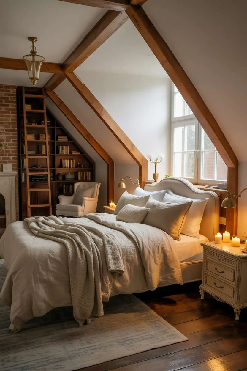 21 Stunning Attic Bedroom Ideas to Inspire You 7 Stylish attic master bedroom with four-poster bed, ladder to loft space, and rustic brick walls