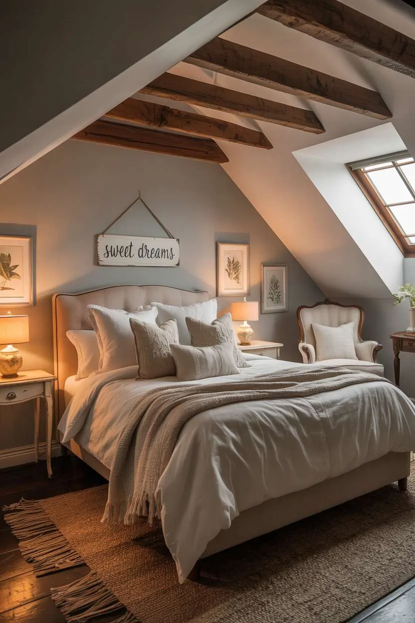 21 Stunning Attic Bedroom Ideas to Inspire You 8 Cozy attic master bedroom with exposed beams, vintage armchair, and soft gray walls