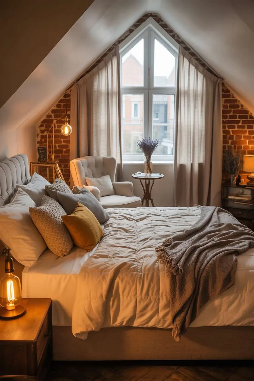 21 Stunning Attic Bedroom Ideas to Inspire You 9 Attic master bedroom with king bed, exposed brick walls, and Edison bulb lighting