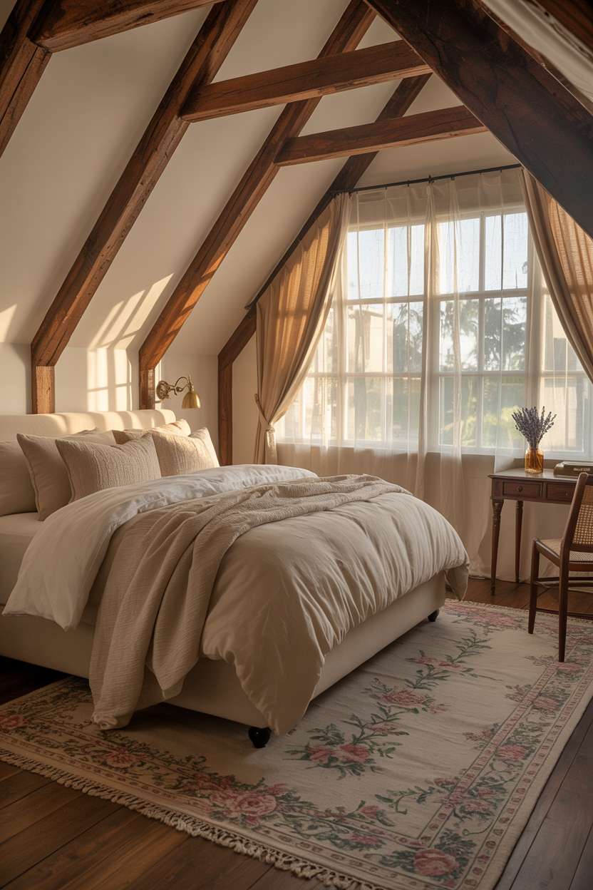 21 Stunning Attic Bedroom Ideas to Inspire You 10 Cozy attic master bedroom with cream duvet, sheer curtains, and vintage writing desk
