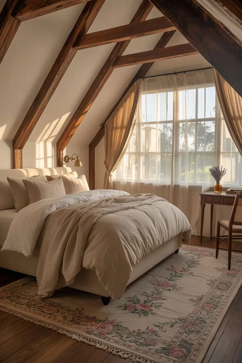 21 Stunning Attic Bedroom Ideas to Inspire You 10 Cozy attic master bedroom with cream duvet, sheer curtains, and vintage writing desk