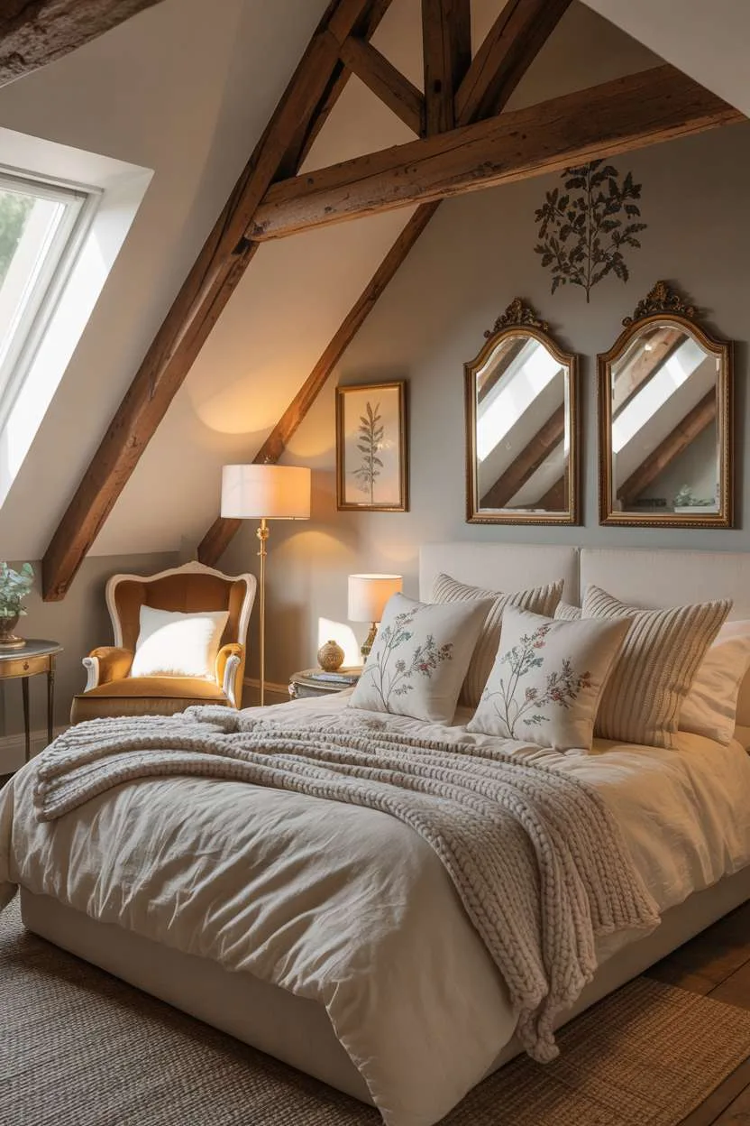 21 Stunning Attic Bedroom Ideas to Inspire You 11 Attic master bedroom with floral pillows, velvet reading chair, and warm floor lamp
