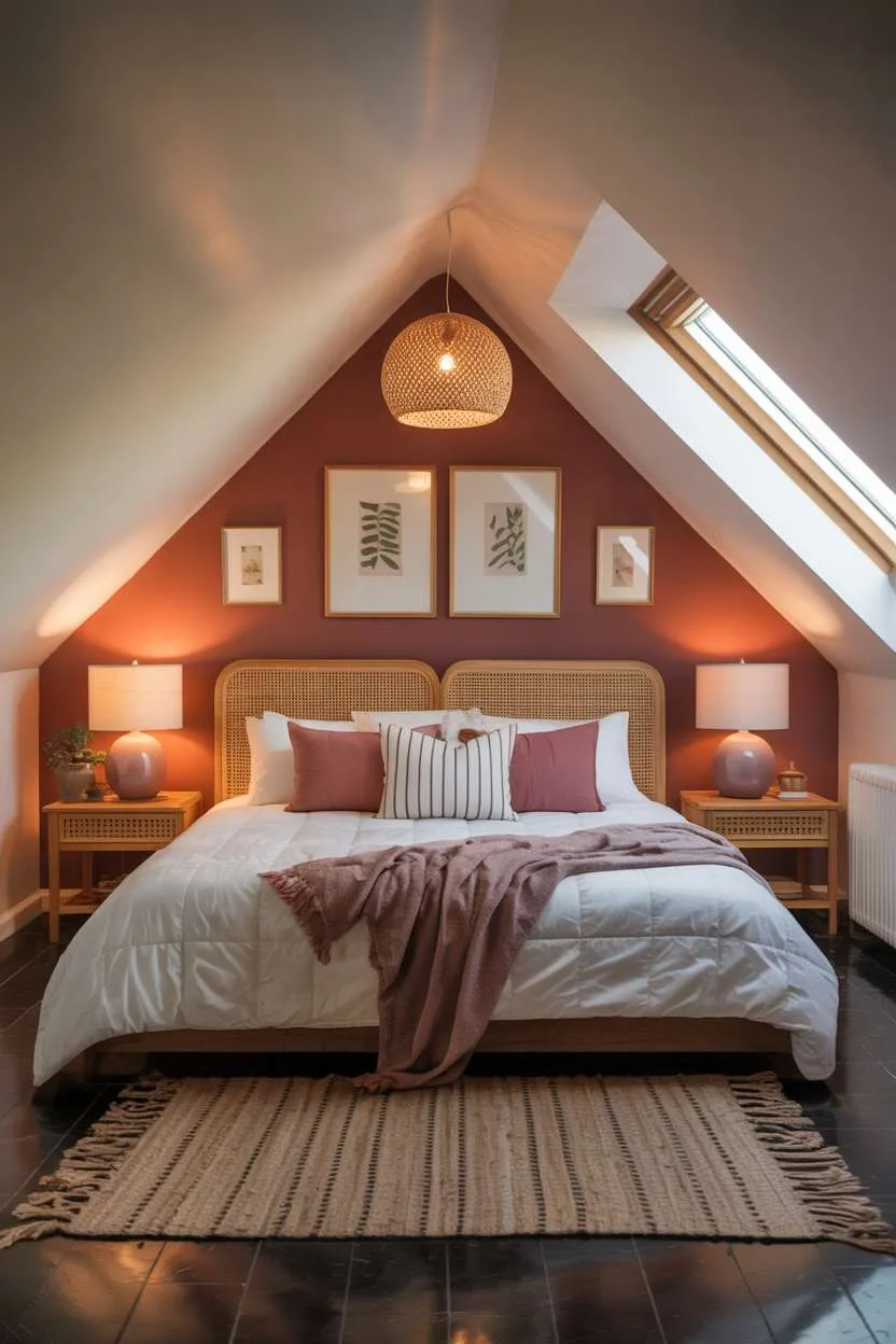 21 Stunning Attic Bedroom Ideas to Inspire You 12 Attic bedroom with rattan headboard, burgundy accent wall, and black and white botanical prints