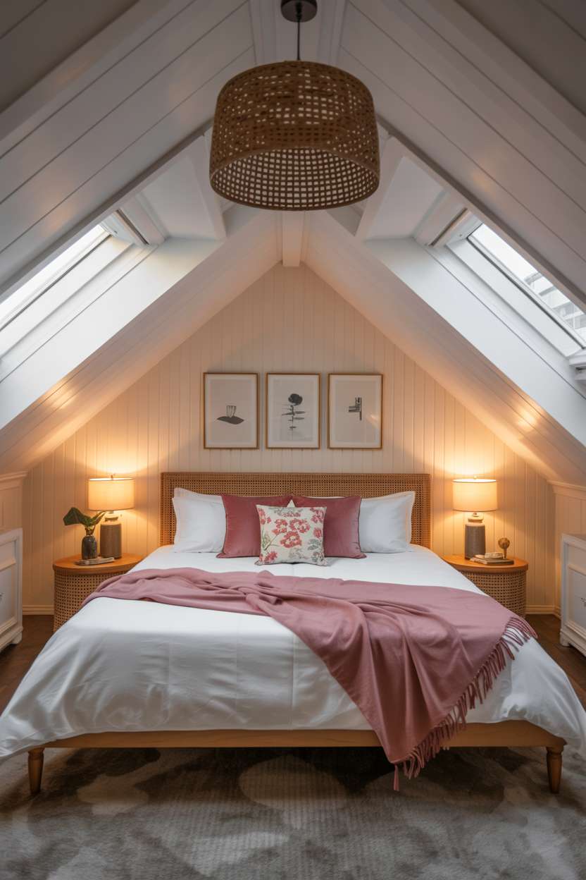 21 Stunning Attic Bedroom Ideas to Inspire You 13 Attic bedroom with rattan headboard, pink floral accents, and skylights in white ceiling