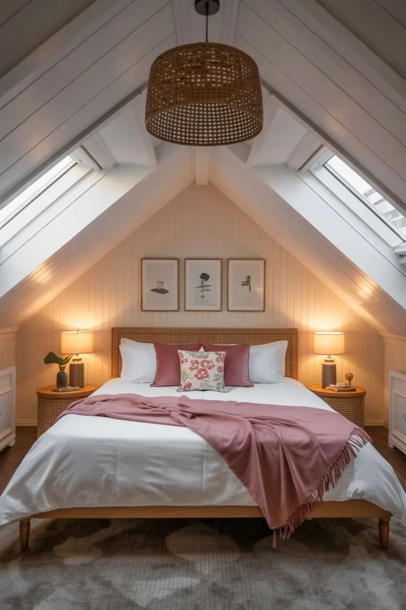 21 Stunning Attic Bedroom Ideas to Inspire You 13 Attic bedroom with rattan headboard, pink floral accents, and skylights in white ceiling
