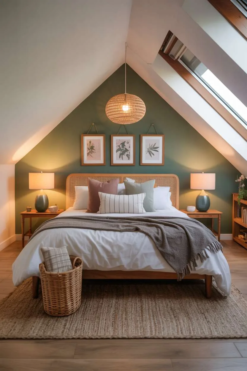 21 Stunning Attic Bedroom Ideas to Inspire You 14 Attic bedroom with sage green accent wall, striped pillows, and rattan pendant light