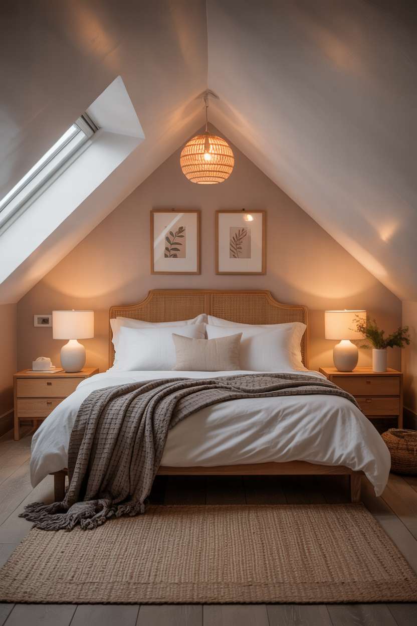 21 Stunning Attic Bedroom Ideas to Inspire You 15 Attic bedroom with beige walls, white ceramic lamps, and natural jute rug