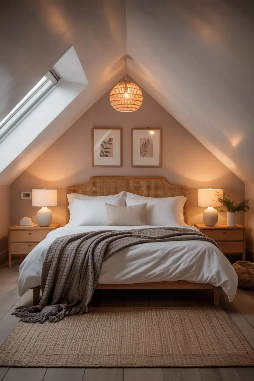 21 Stunning Attic Bedroom Ideas to Inspire You 15 Attic bedroom with beige walls, white ceramic lamps, and natural jute rug