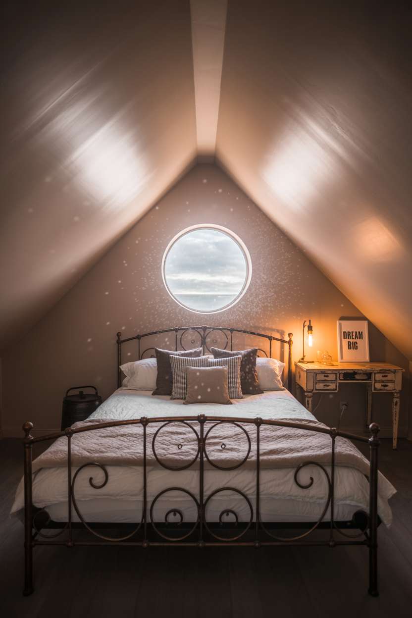 21 Stunning Attic Bedroom Ideas to Inspire You 16 Minimalist attic bedroom with wrought iron bed, circular window, and "Dream Big" print
