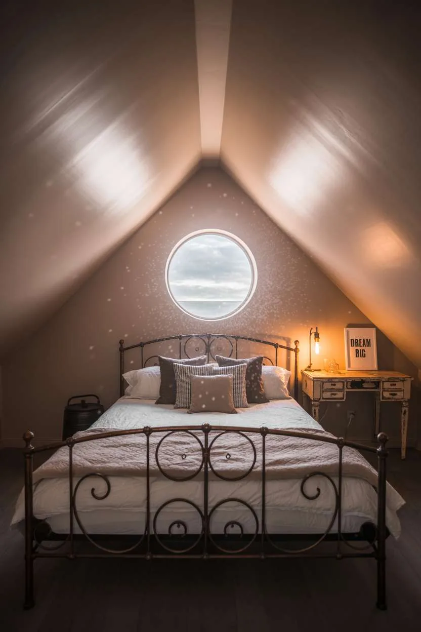 21 Stunning Attic Bedroom Ideas to Inspire You 16 Minimalist attic bedroom with wrought iron bed, circular window, and "Dream Big" print