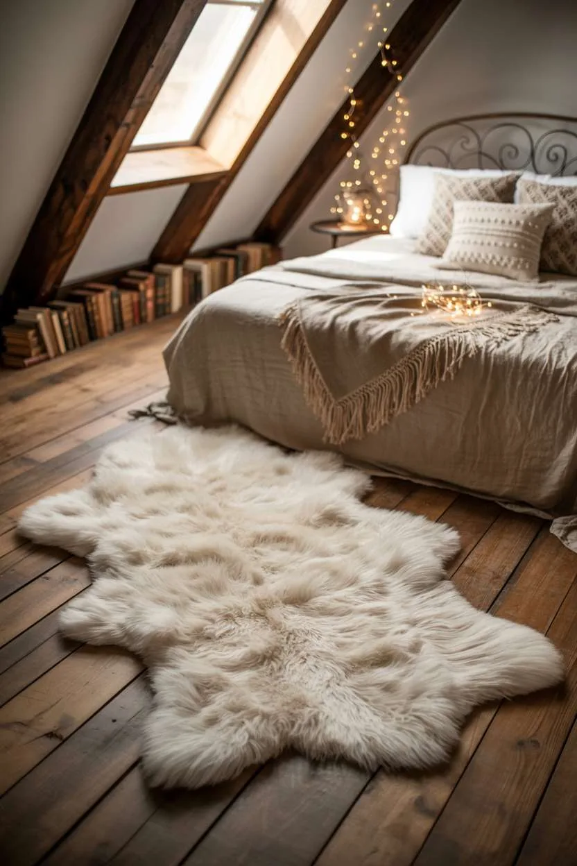 21 Stunning Attic Bedroom Ideas to Inspire You 17 Bohemian attic bedroom with cream sheepskin rug, wrought iron bed, and fairy lights
