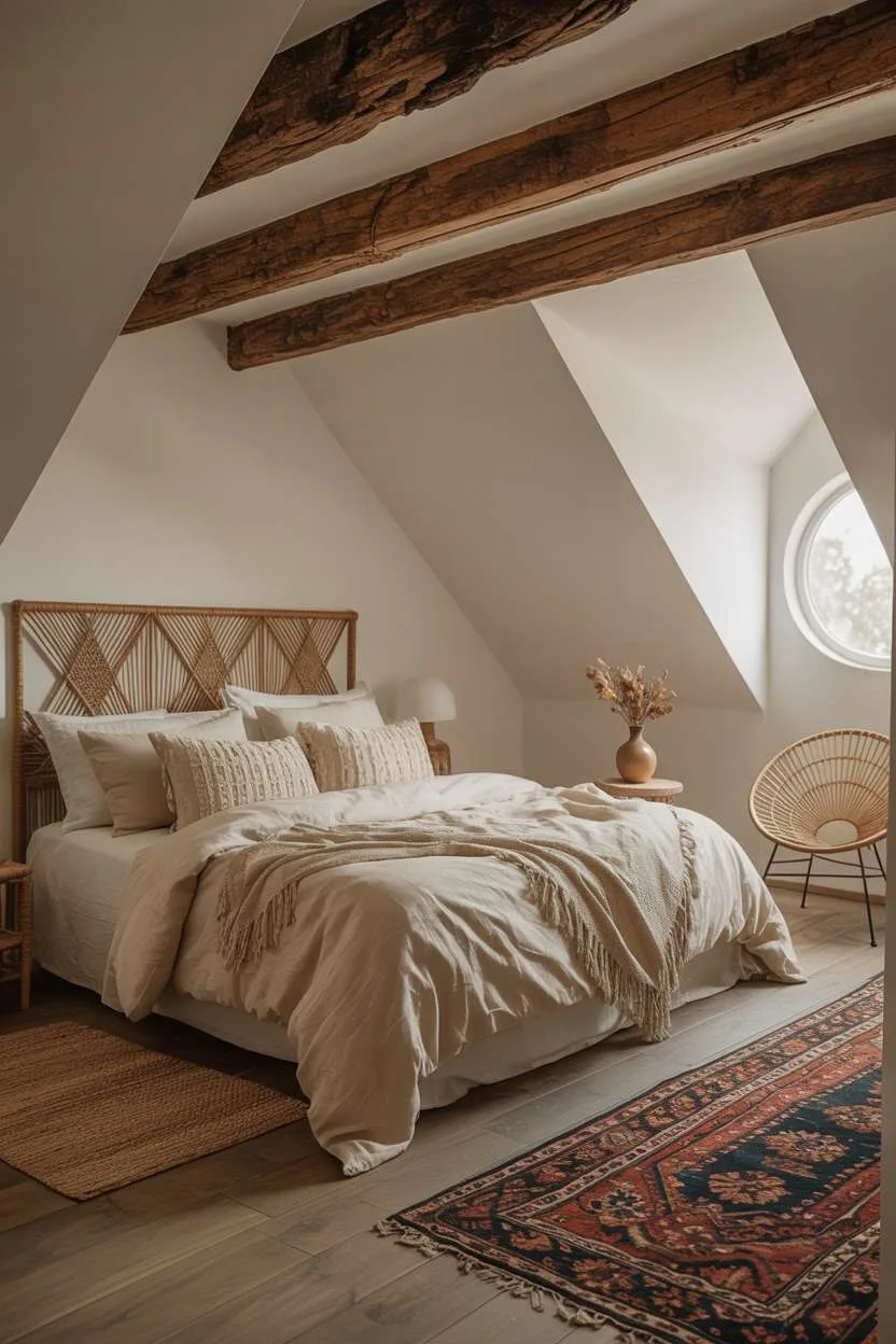21 Stunning Attic Bedroom Ideas to Inspire You 18 Bohemian attic bedroom with macrame headboard, Persian rug, and dried flower arrangements