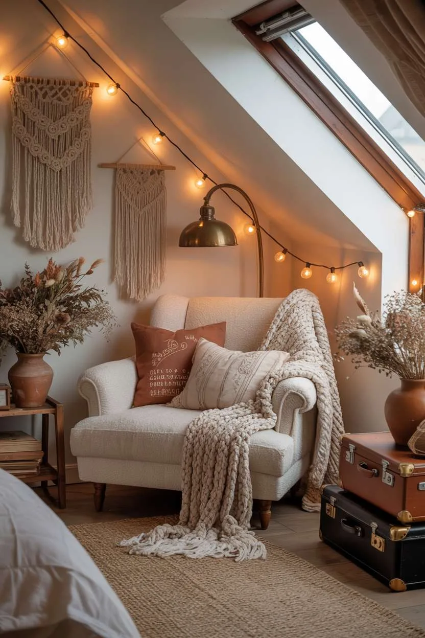 21 Stunning Attic Bedroom Ideas to Inspire You 19 Bohemian attic bedroom with vintage suitcases, macrame wall hangings, and string lights