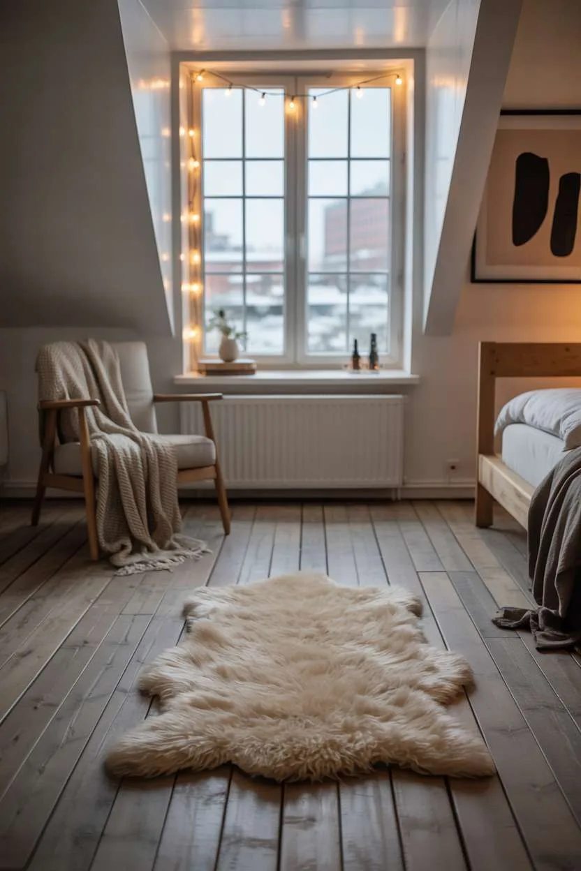 21 Stunning Attic Bedroom Ideas to Inspire You 20 Scandinavian attic bedroom with cream sheepskin rug, fairy lights, and snowy cityscape view