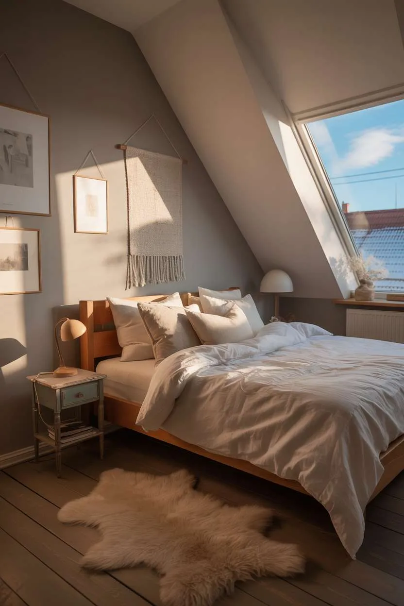 21 Stunning Attic Bedroom Ideas to Inspire You 21 Scandinavian attic bedroom with white linen bedding, wooden lamp, and snow-covered rooftop views