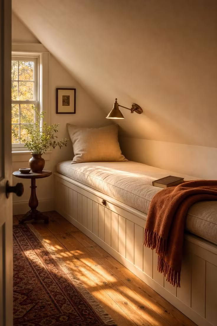 A cream-painted tongue-and-groove knee wall bench with oatmeal linen cushion and brass swing-arm sconce in a warm golden attic reading nook.