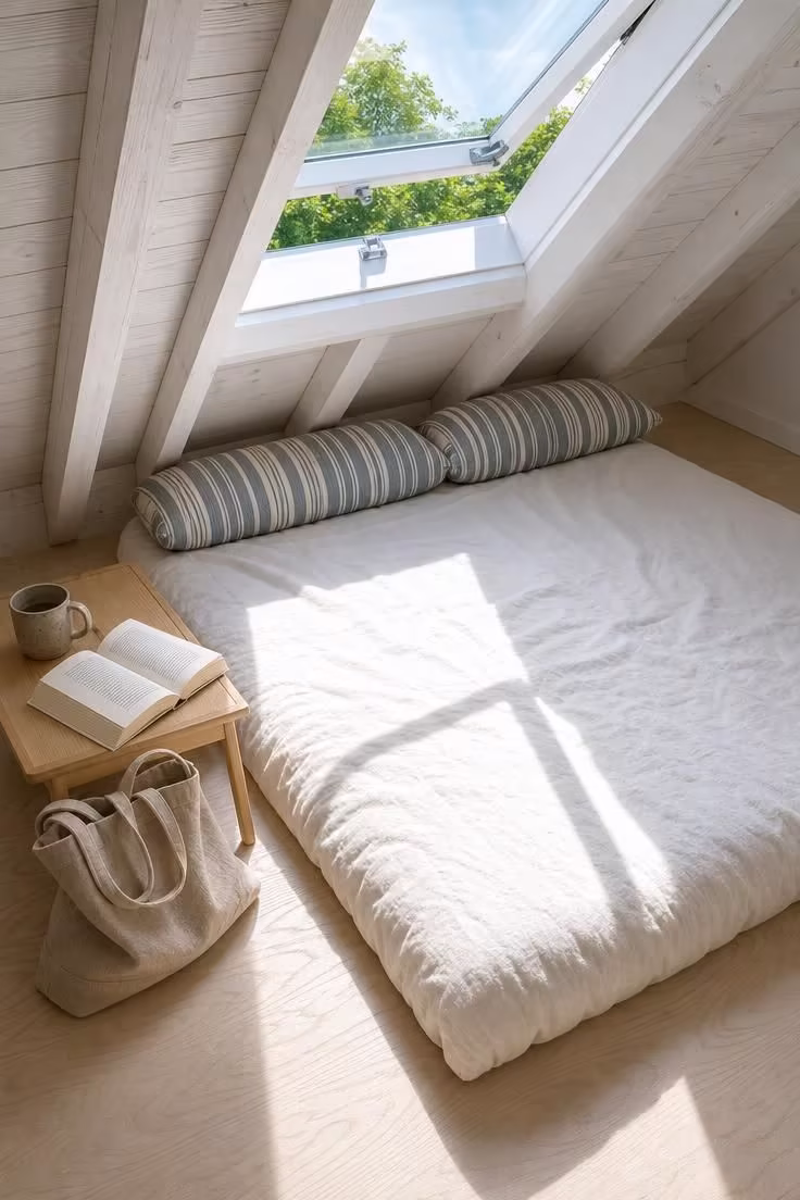 A thick linen floor mattress beneath an open skylight with whitewashed rafters, bolster pillows, and bright midday sunlight streaming into an attic reading perch.