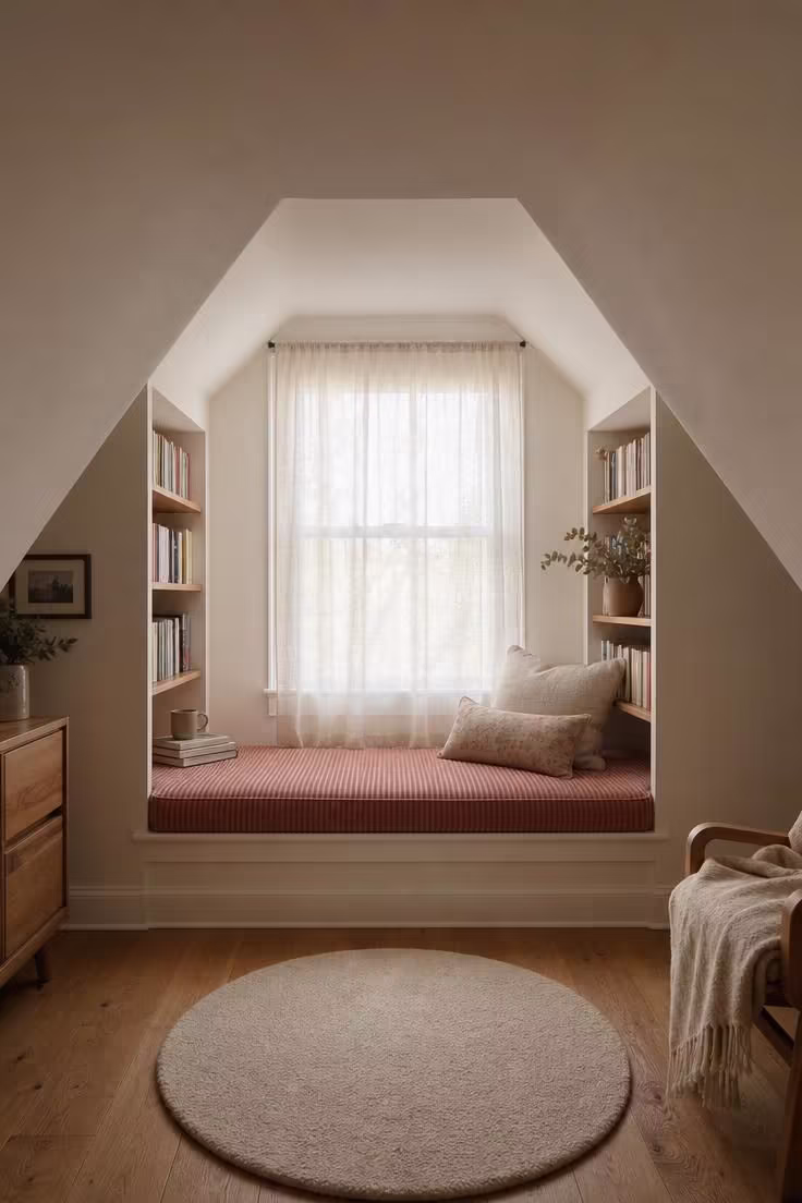 A dusty rose corduroy window seat filling a dormer recess with oak bookshelves built into each side wall and soft diffused light filtering through a sheer curtain.