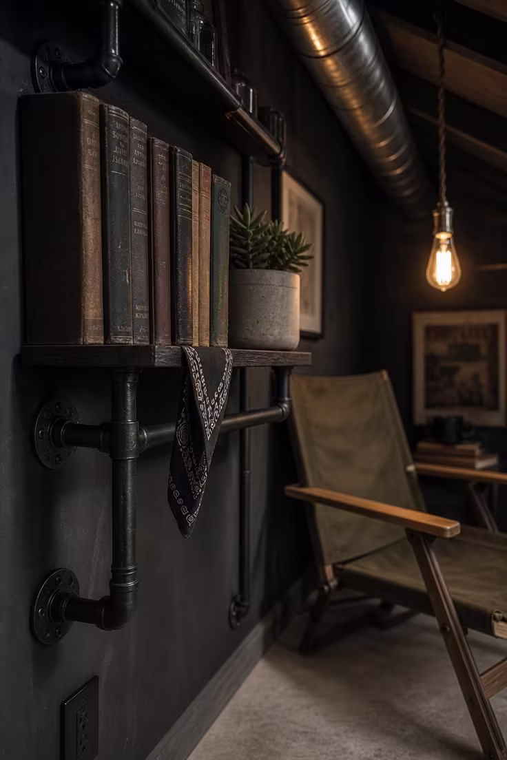 A close-up of black iron pipe shelving with weathered hardcovers beside a waxed canvas camp chair under exposed ductwork in a moody low-lit attic nook.