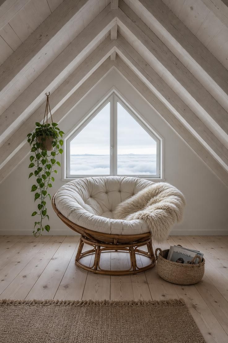 An ivory papasan chair with sheepskin throw centered beneath whitewashed exposed beams in a cool, evenly lit attic reading nook with seagrass basket and trailing pothos.