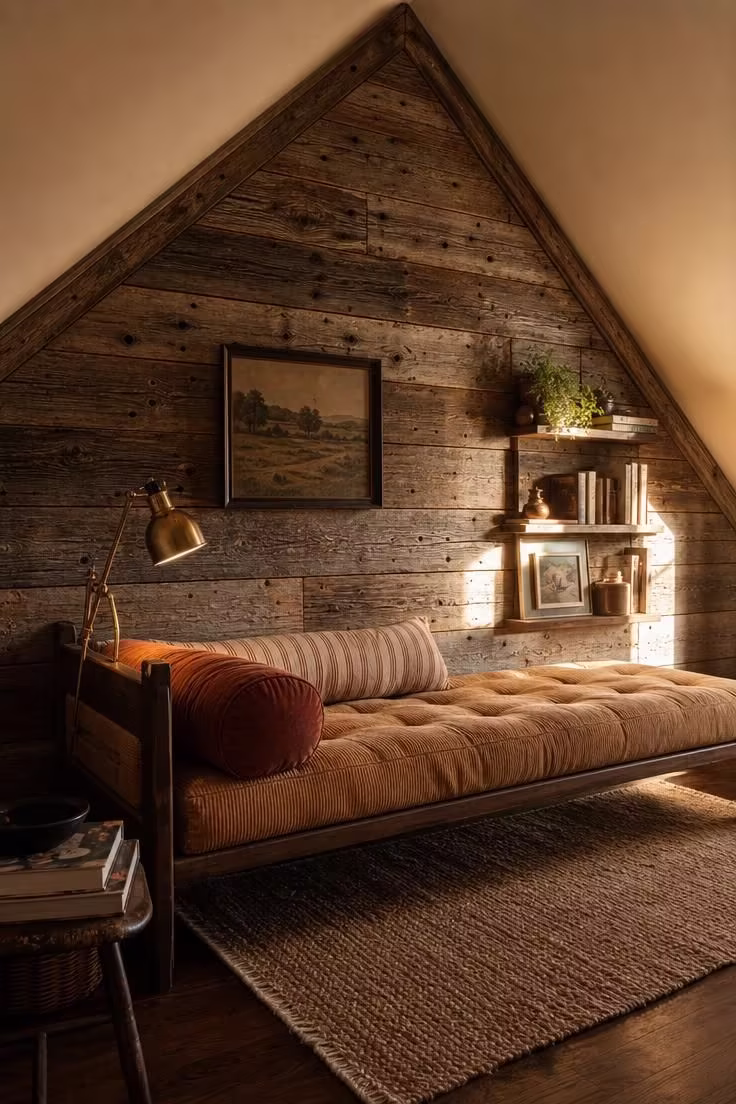A reclaimed barn wood gable wall with weathered patina behind a camel corduroy tufted daybed with rust bolster pillows and a clip-on brass reading lamp in warm afternoon light.