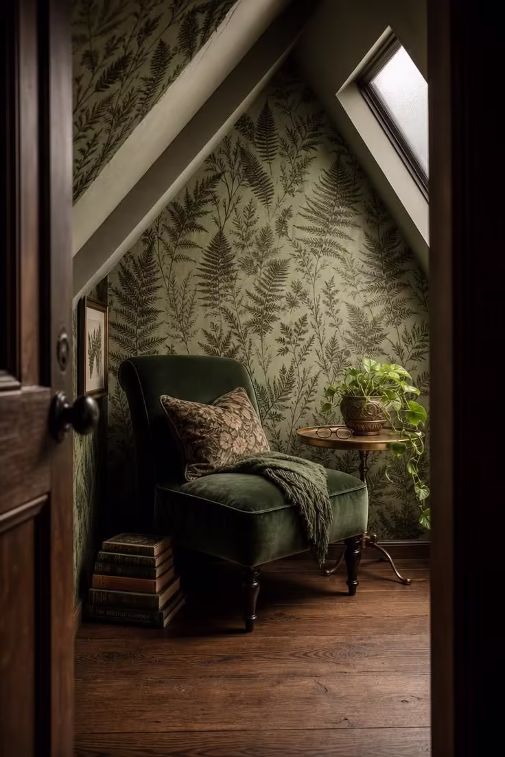 A botanical-print wallpapered gable niche with sage fern pattern, a forest green velvet slipper chair, brass tray table, and soft diffused light from a frosted dormer.