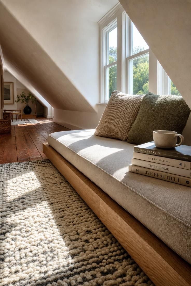 A low oak platform seat with mushroom linen cushion on unfinished cedar plank flooring, a chunky cream and charcoal wool rug, and bright midday sun from paired dormers.