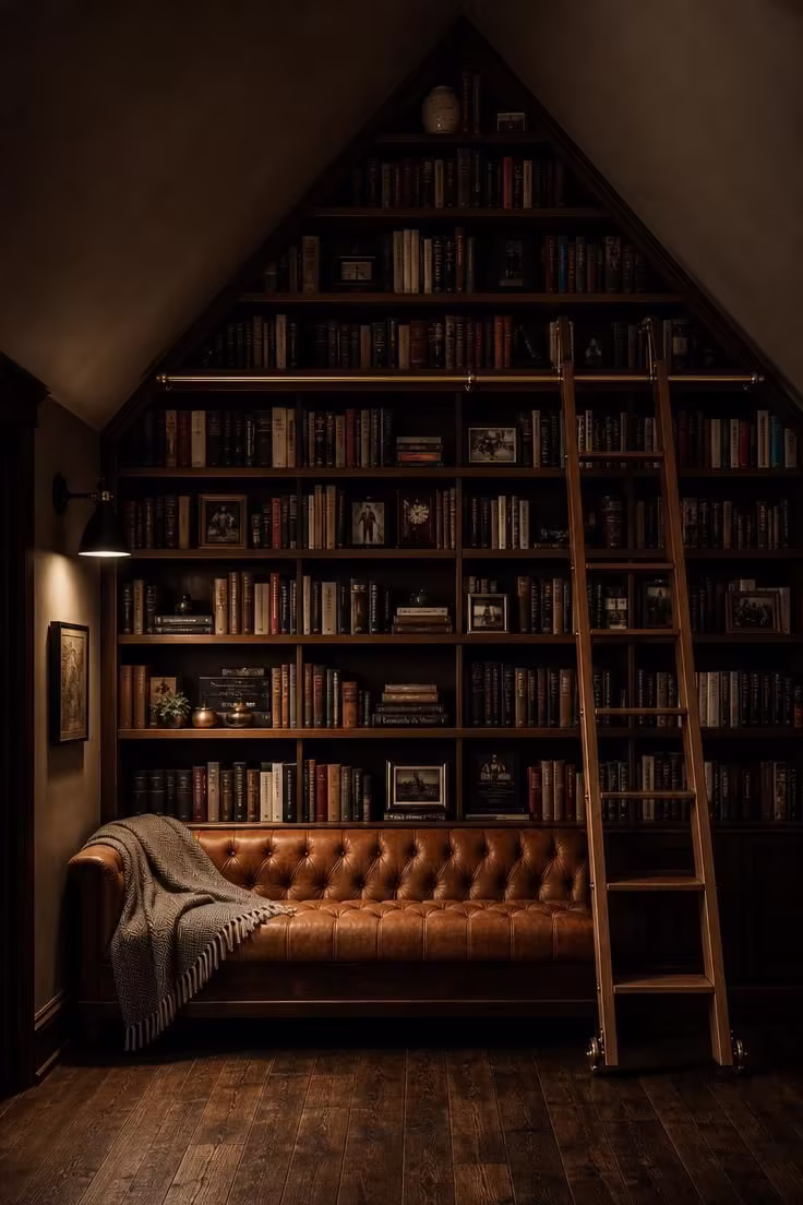 A triangular gable-end bookshelf wall filled with books, a rolling walnut library ladder, a cognac tufted leather bench, and a single matte black sconce casting warm low light.