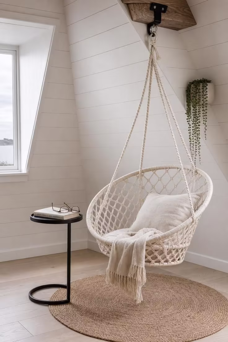 A close-up of a hanging cotton rope chair against soft white peel-and-stick shiplap on an attic roof slope, with a jute rug, matte black C-table, and pale filtered light.