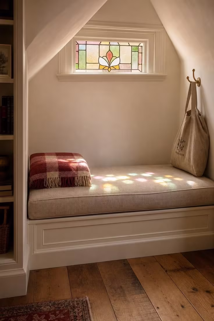 A built-in knee wall alcove bench with stained glass transom casting amber and sage light spots on a natural linen cushion, with a cranberry wool plaid throw folded at one end.