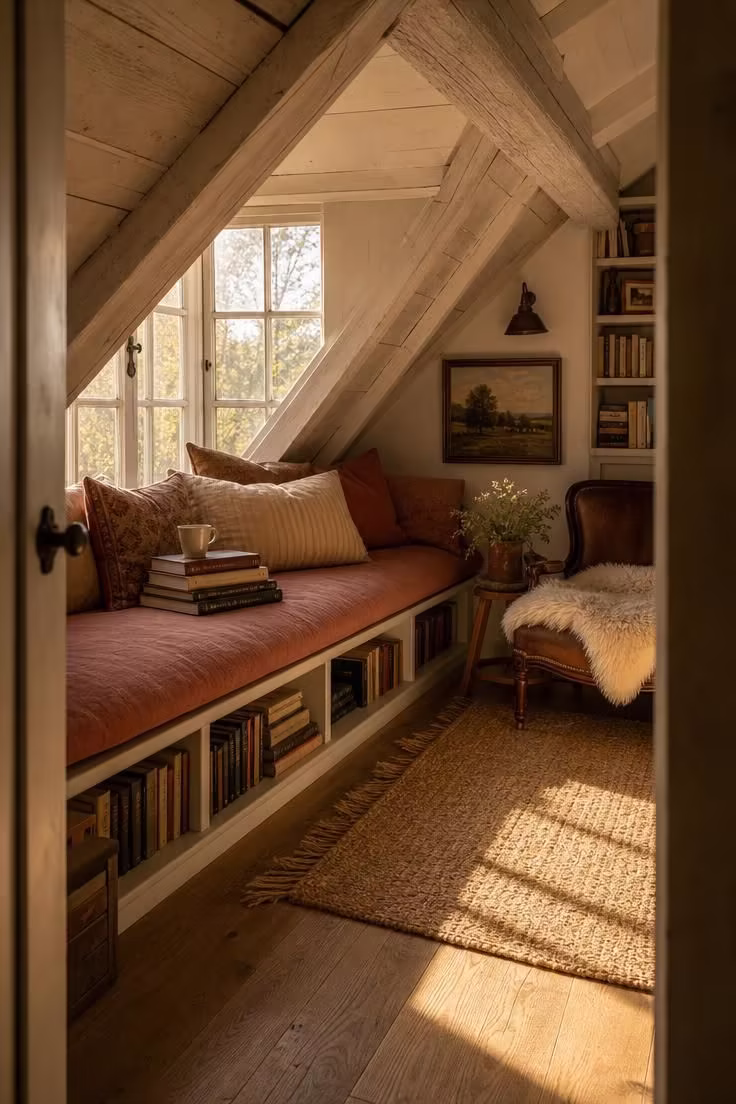 Simple Spaces 14 A warmly lit attic reading nook with a dusty rose cushioned dormer bench, whitewashed beams, afternoon sunlight, a sheepskin-draped reading chair, and stacked books on wide-plank oak flooring.