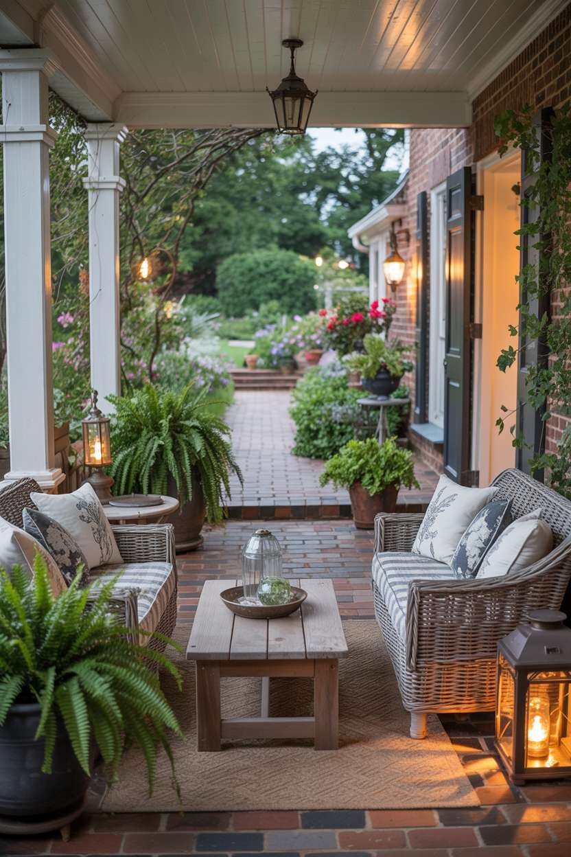 Stylish back porch with wicker furniture, patterned cushions, and garden backdrop