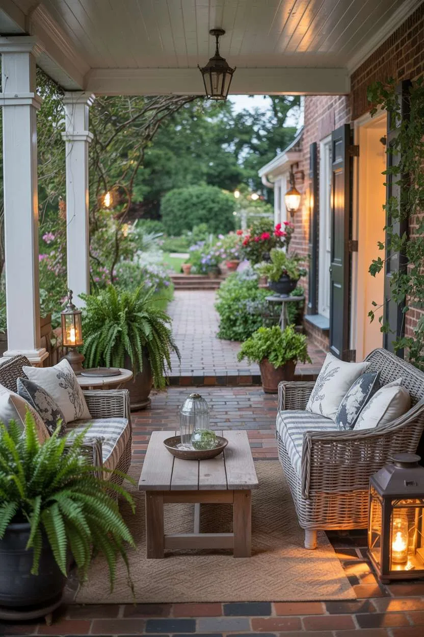 Stylish back porch with wicker furniture, patterned cushions, and garden backdrop