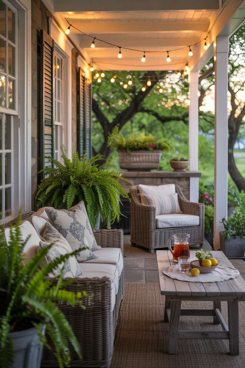 Back porch bathed in afternoon sunlight with string lights and iced tea setup