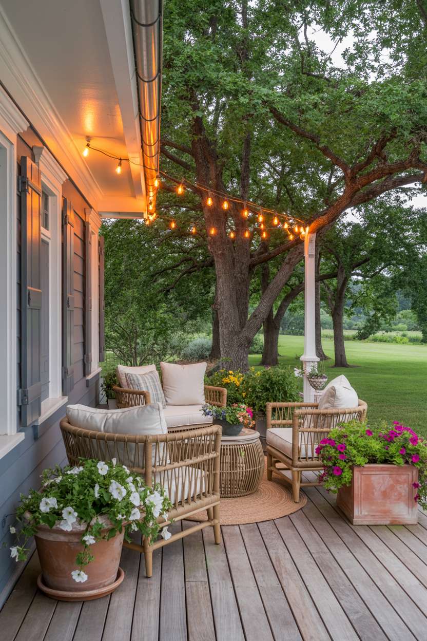 Back porch with weathered gray decking, rattan furniture, and cascading petunias