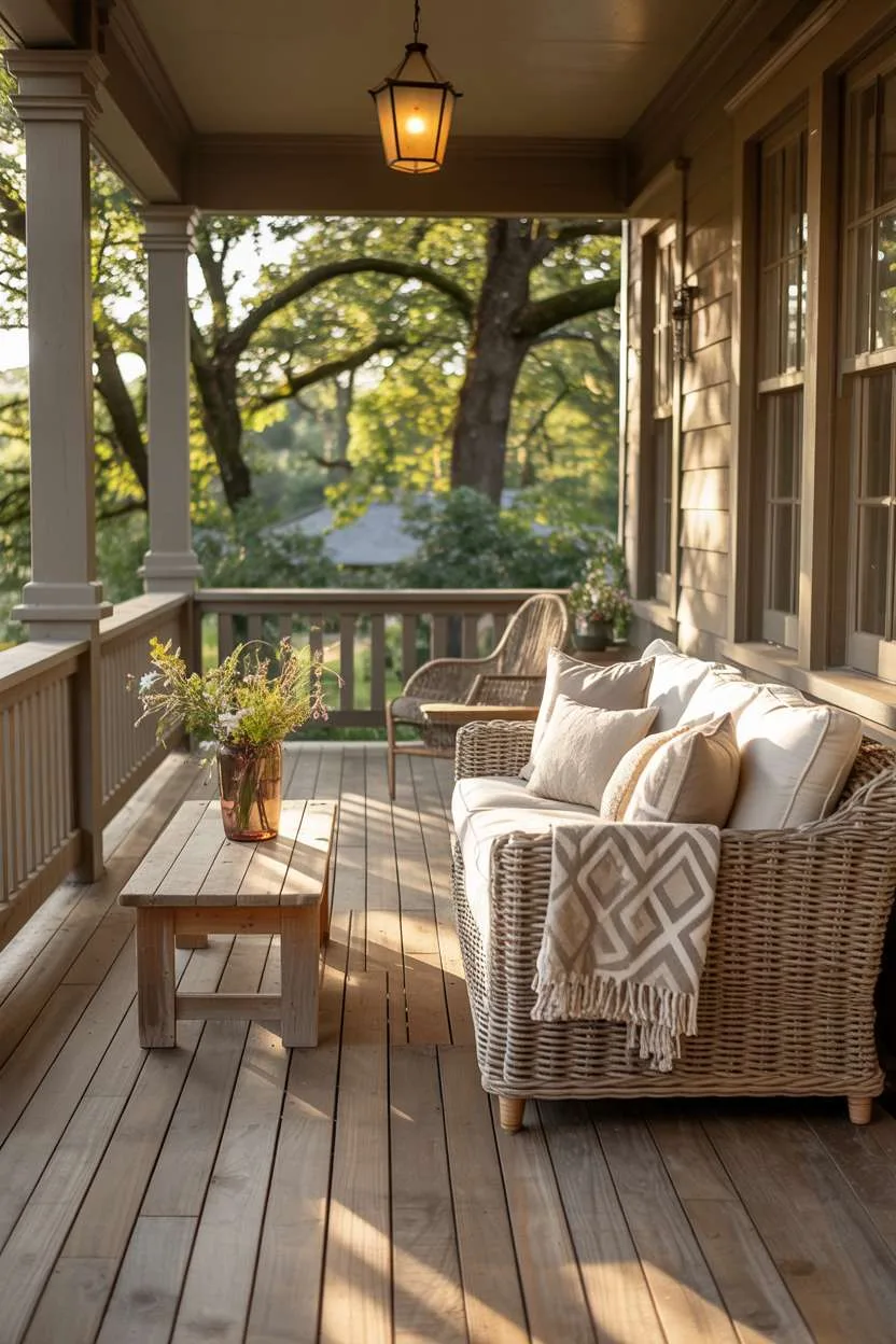 Craftsman-style home with weathered wood porch, rattan sofa, and wildflower display