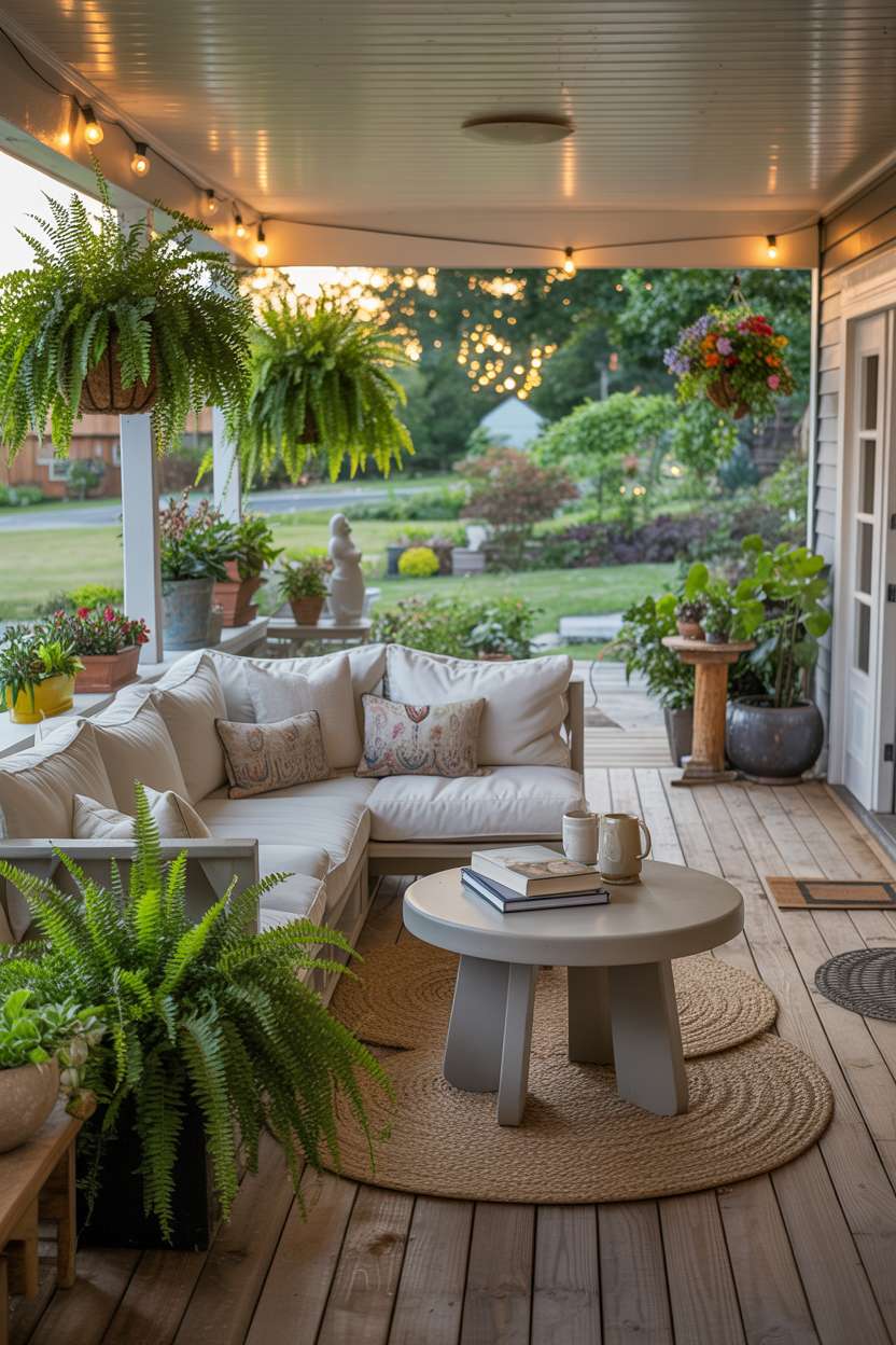 Modern back porch with cream sectional sofa, art books, and lush potted plants