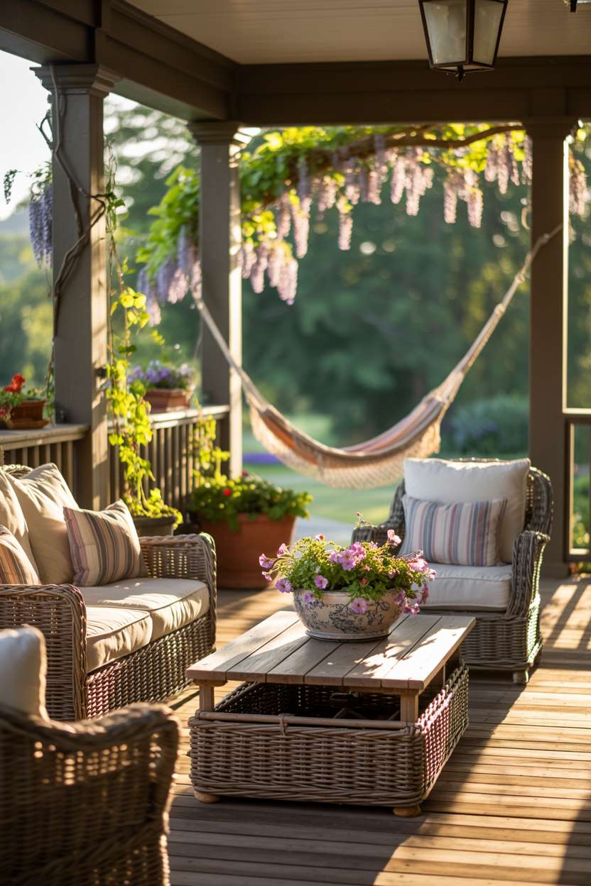 Back porch with hammock between columns, wisteria vines, and rustic furniture