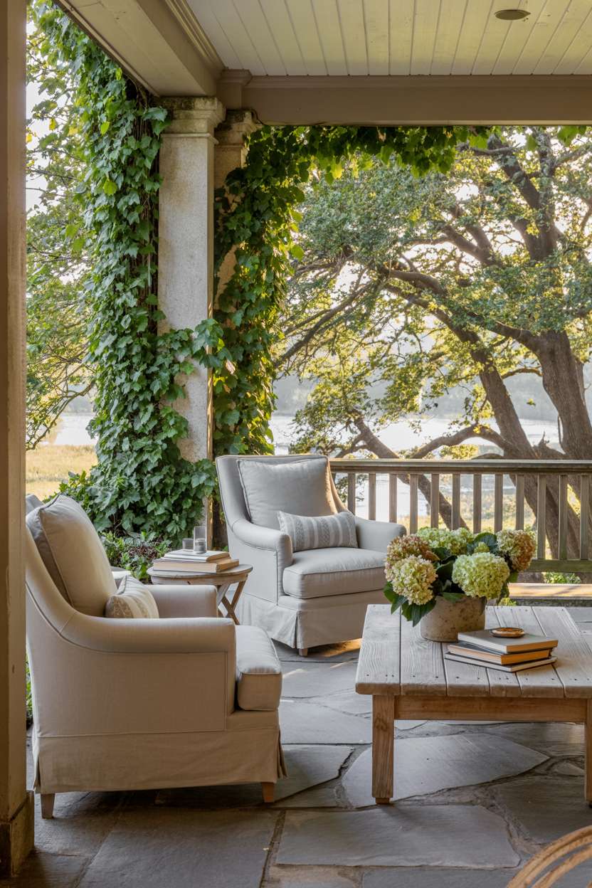 Back porch with stone columns, ivy-covered railings, and cream linen furniture