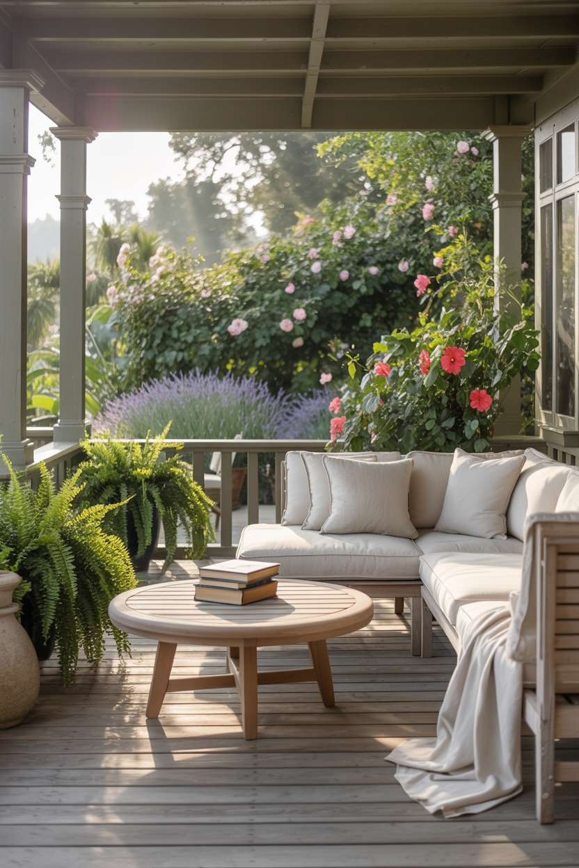 Back porch with grey wooden floors, sectional sofa, and secluded garden view