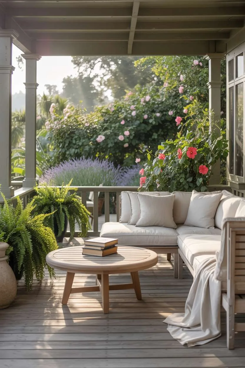 Back porch with grey wooden floors, sectional sofa, and secluded garden view